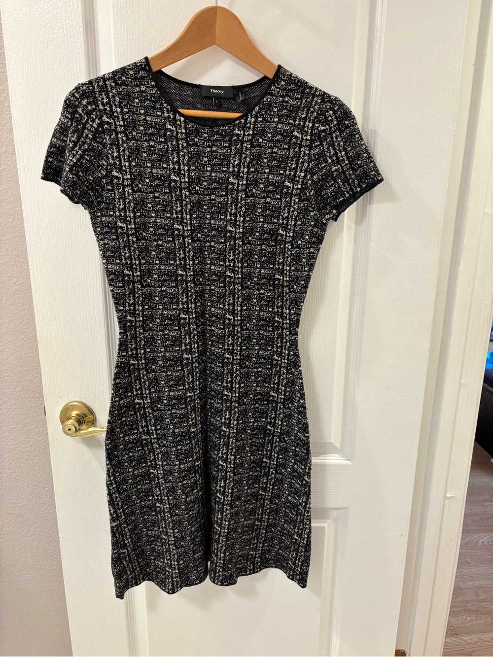 Theory Black & White Knit Short-Sleeve Sweater Dress